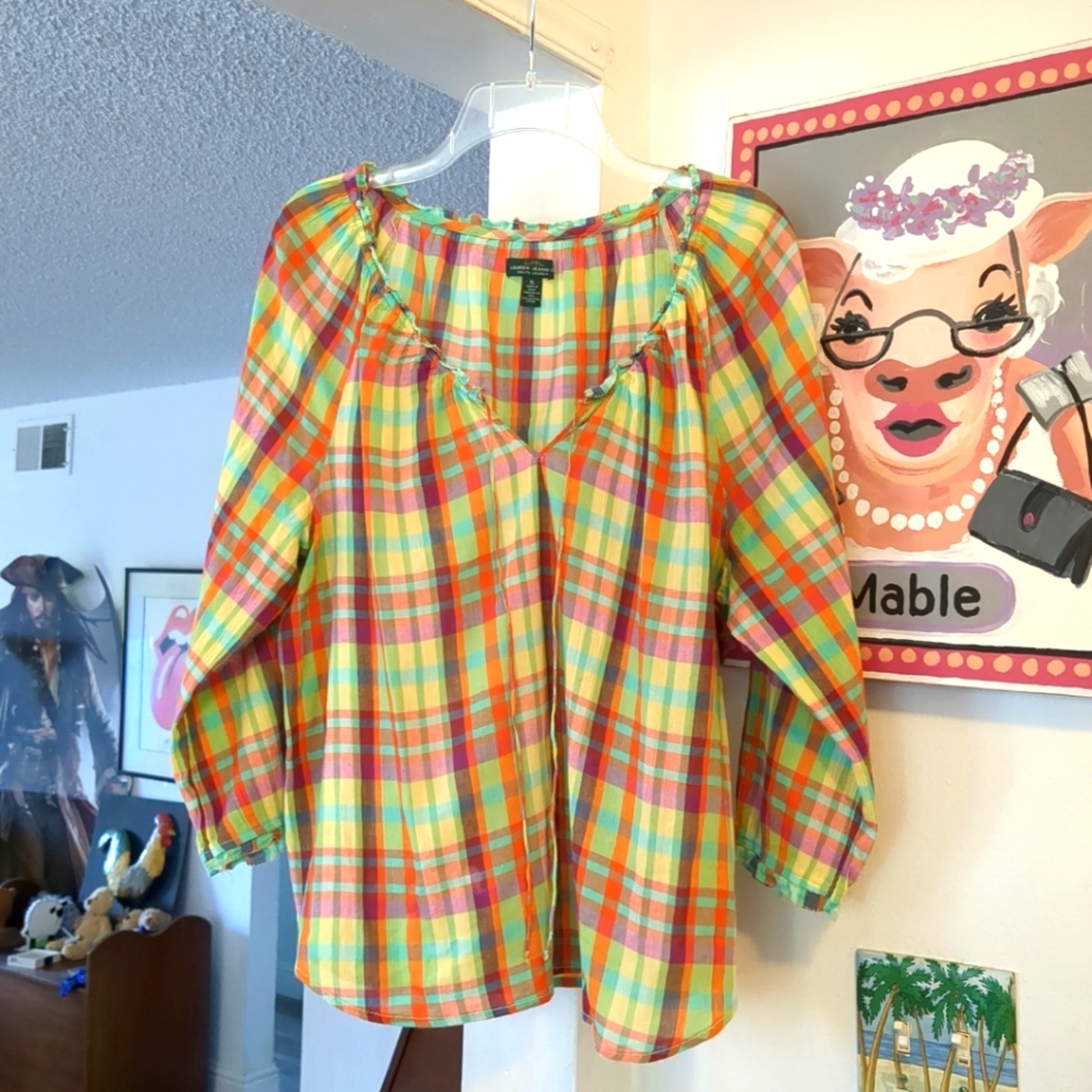 RALPH LAUREN LRL plaid Peasant  Blouse Top XL